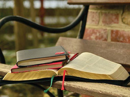 Open Bible and notebooks on a bench by a brick wall, ready for study and reflection.