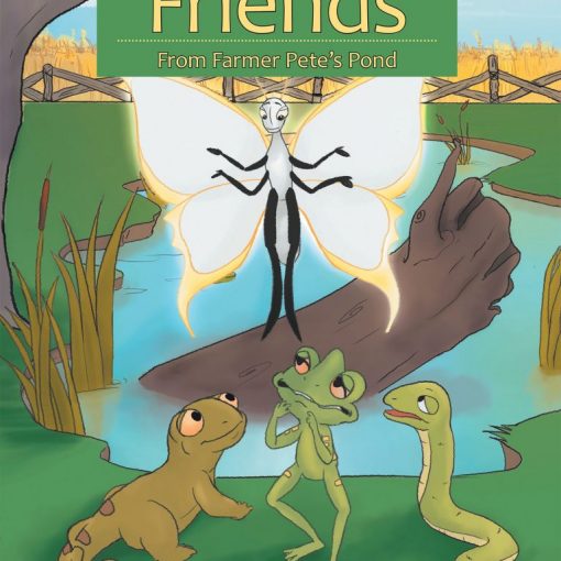 Children's book cover features a white insect, frog, lizard, and snake at Farmer Pete’s pond under a clear sky.