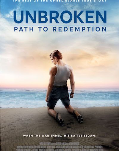 Man kneeling on beach, poster for Unbroken: Path to Redemption with sunset and ocean backdrop. Inspirational movie theme.