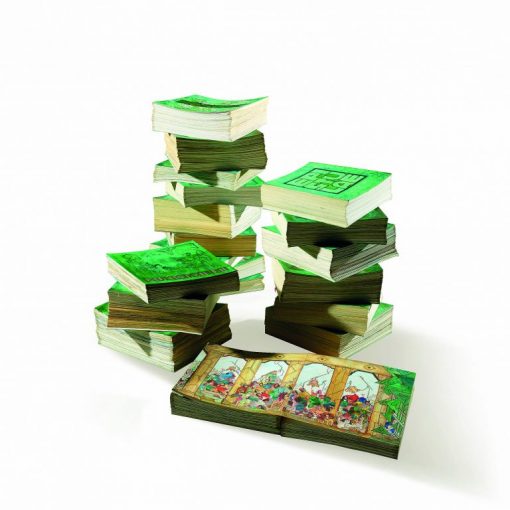 Stacks of green puzzle books with intricate designs and an open page displaying colorful illustrations.