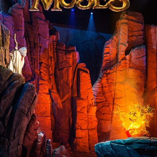Moses theater event promo by Sight & Sound, featuring dramatic rocky set and burning bush, September 13 & 15. #MosesEvent