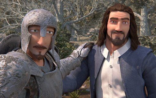 Animated knight in armor with a medieval man, both smiling in a forest setting.