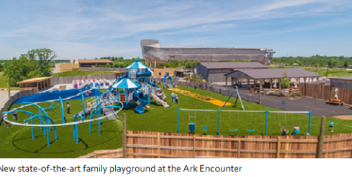 State-of-the-art playground at Ark Encounter with slides and climbing structures under a clear blue sky.