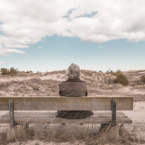 Person sitting on a wooden bench facing dunes under cloudy sky, enjoying a tranquil outdoor view.