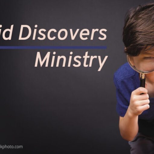 A child holding a magnifying glass next to the text Kid Discovers Ministry on a chalkboard background.