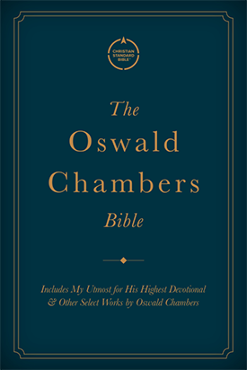 Cover of The Oswald Chambers Bible, featuring selected works by Oswald Chambers on a dark blue background.