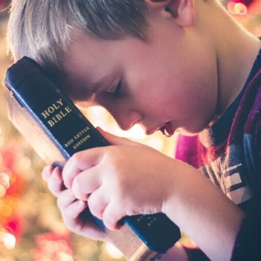 Young boy holding a Bible in prayerful pose, symbolizing faith and devotion.