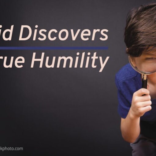 Young boy with magnifying glass beside Kid Discovers True Humility text on dark background.